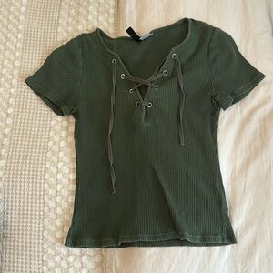 Crop t shirt with lace v neck olive green size small